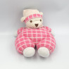 Doudou ours blanc carreaux rose bonnet Nounours