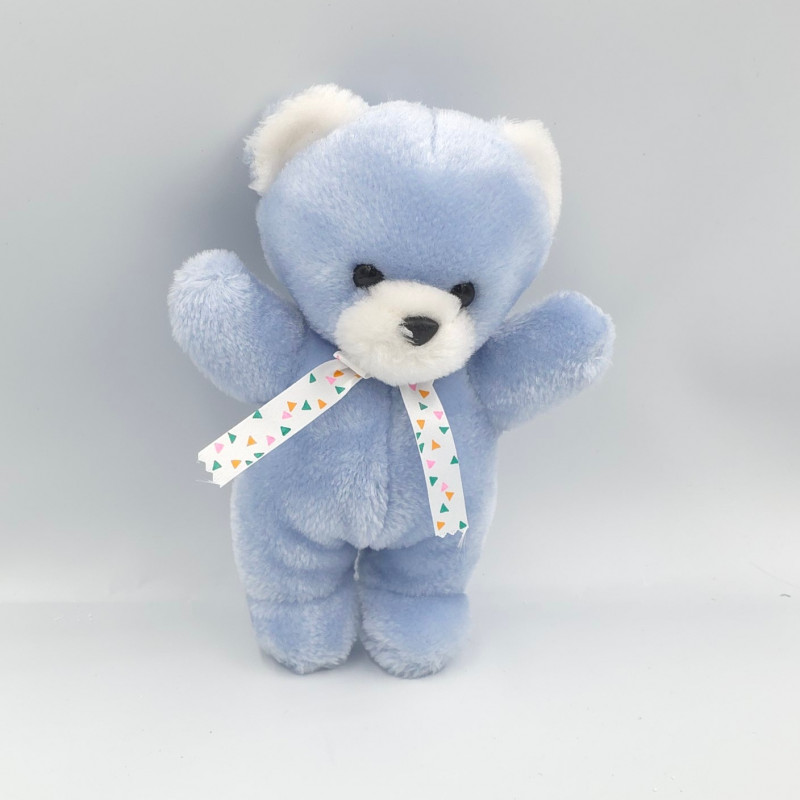 Doudou ours bleu rubans blanc motifs AJENA