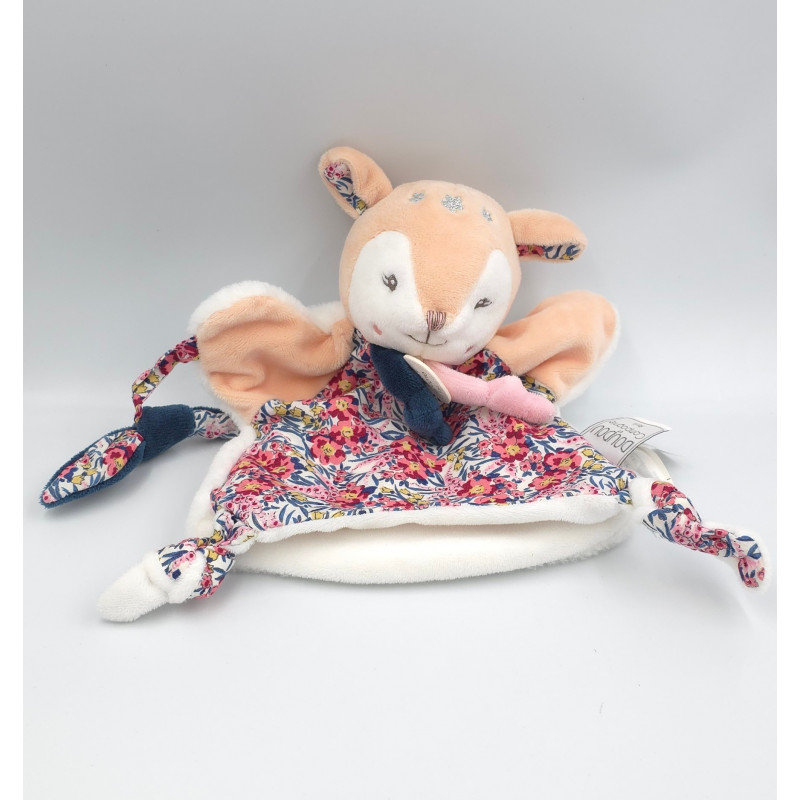 Doudou et compagnie marionnette biche faon blanc saumon rose fleurs BOH AIME