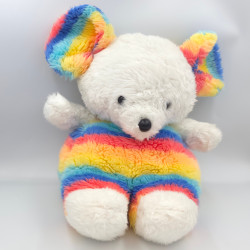 Ancienne peluche souris blanc bleu rose jaune vert Arc en ciel AJENA 45 cm