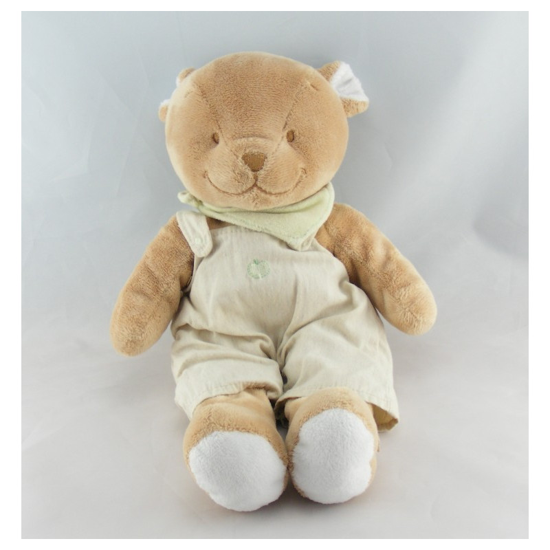 Doudou musical ours beige salopette foulard vert NOUKIE'S