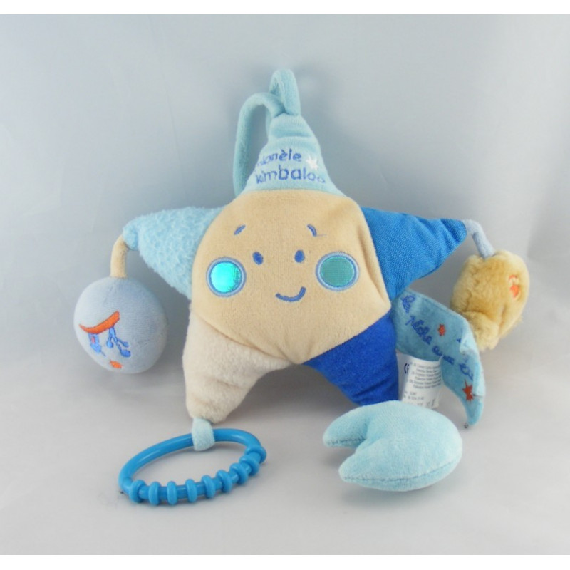 Doudou hochet anneau lion bleu jaune KIMBALOO