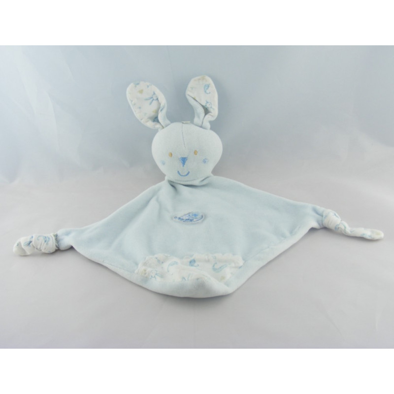 Doudou plat lapin blanc bleu SUCRE D'ORGE