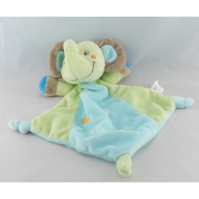 Doudou plat éléphant bleu vert noeuds NICOTOY