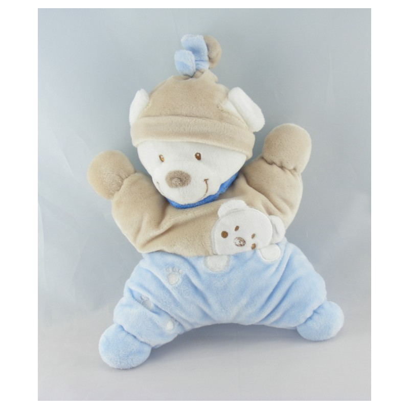 Doudou plat ours bleu beige empreintes NICOTOY